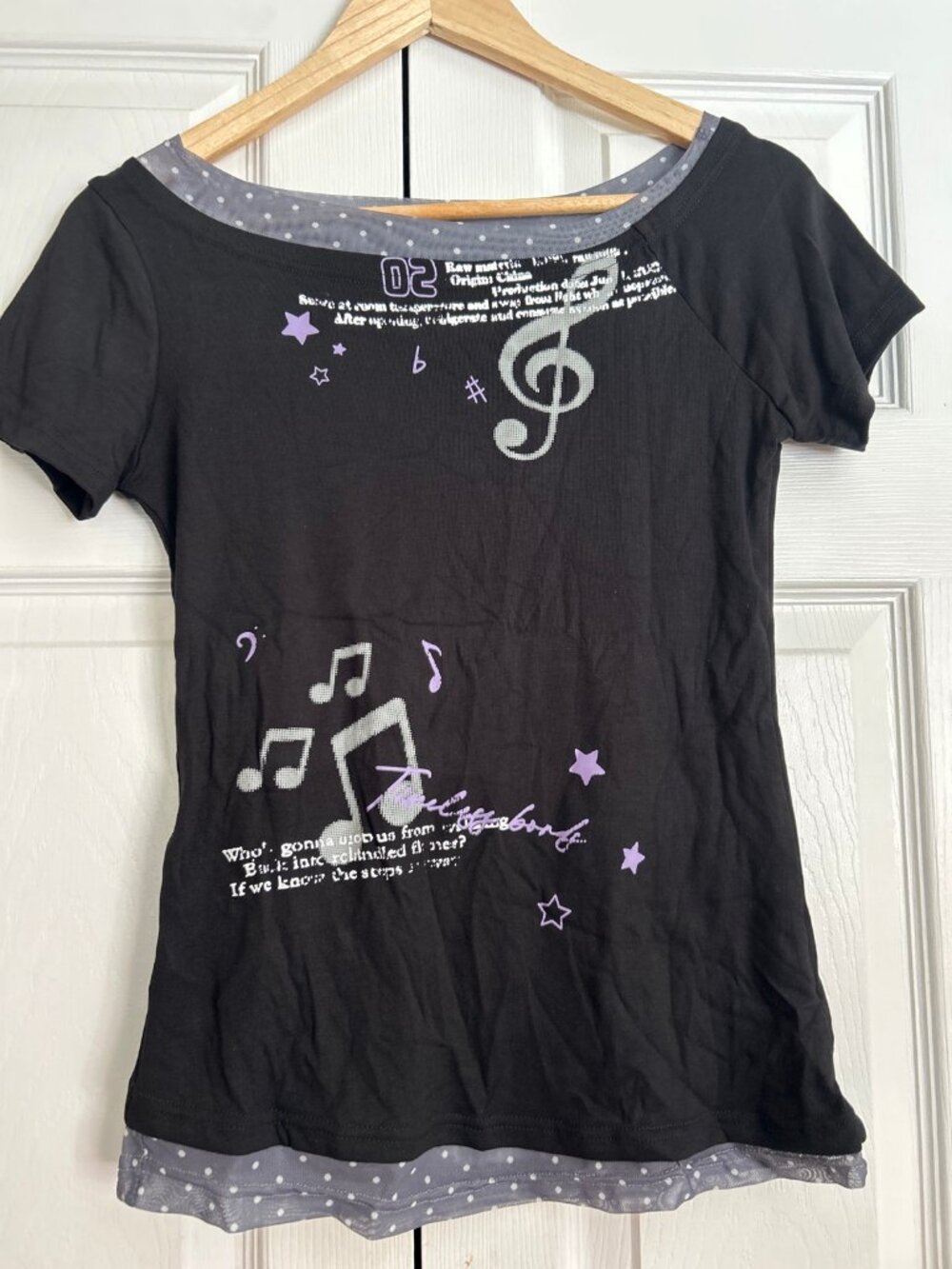 Y2K Black Music Notes Graphic Tee Stars Polka Dot Mesh Trim Cotton Size M
